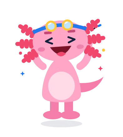 Lotl the pink axolotl in lab goggles, celebrating