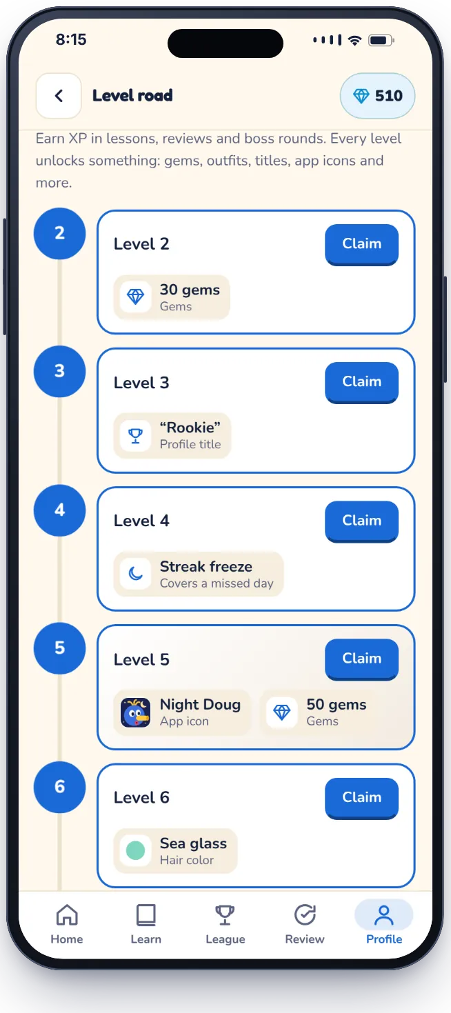 The level road: levels 2 to 6, each with a reward to claim such as gems, a profile title, a streak freeze and a new app icon.